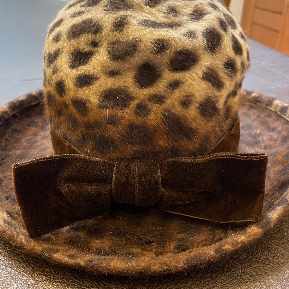 Handmade vintage Marie Mercie of Paris Leather Fur Hat France cheetah print
